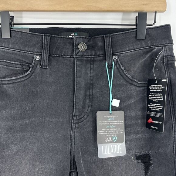 LuLaRoe Shorts Size 28 Charcoal Black Distressed Denim Bermuda Stretch High Rise - Picture 2 of 8